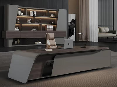 Modern Office Desk With Wooden Top Laptop Desk Lamp And Decorative Items 3d model