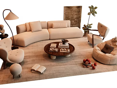 Cozy Beige Sofa And Round Coffee Table Set With Chairs Lamp Plant On Living Rug 3d model