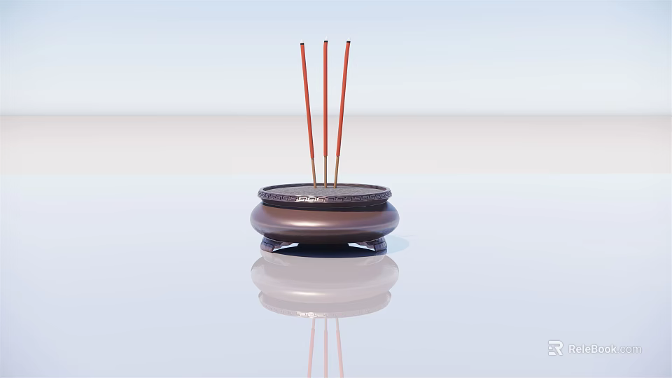 Decorative Ornament Set With Brown Incense Burner And Red Incense Sticks On Smooth Surface 3d model 