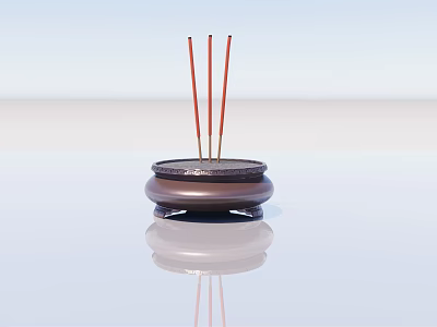 Decorative Ornament Set With Brown Incense Burner And Red Incense Sticks On Smooth Surface 3d model