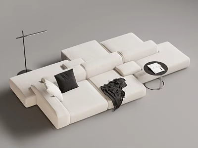 White Modular Sectional Sofa with Black Pillow Throw Blanket Floor Lamp and Side Coffee Table 3d model