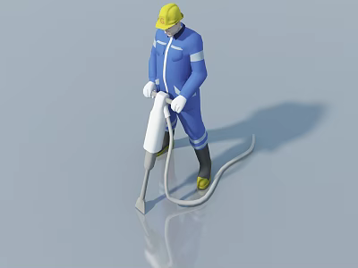 Sculptor In Blue Work Uniform And Yellow Helmet Using White Carving Tool On Reflective Gray Studio Floor 3d model