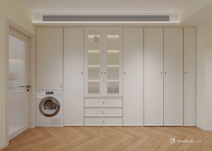 White Modern Wardrobe With Glass Doors Drawers And Washing Machine On Herringbone Wooden Floor 3d model 