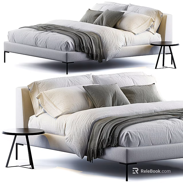 Modern Double Bed Bedding With Linen Pillows Throw Blanket And Side Table 3d model
