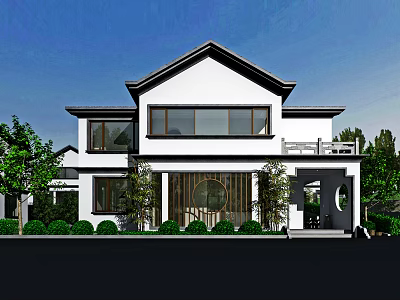 Modern Detached Villa With White Exterior Large Windows Balcony And Green Plants 3d model