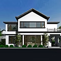 Modern Detached Villa With White Exterior Large Windows Balcony And Green Plants