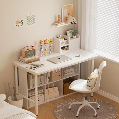 White Study Desk with Laptop Books Stationery and White Office Chair Near Window with Blinds 3d model