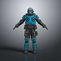 Futuristic Armored Character In Blue And Black Armor With Helmet And Mechanical Design Features