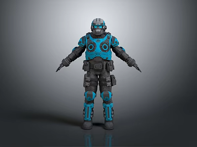 Futuristic Armored Character In Blue And Black Armor With Helmet And Mechanical Design Features 3d model
