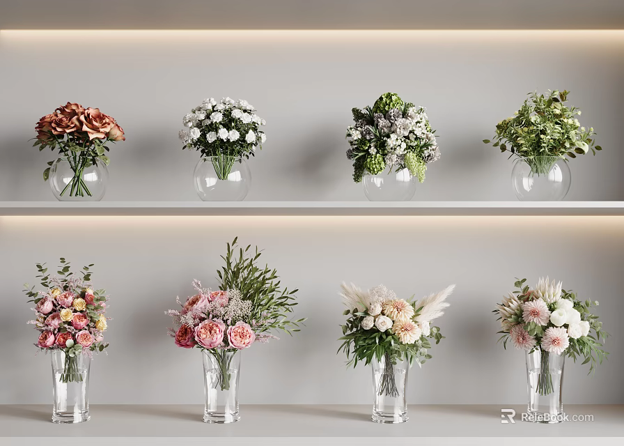 Modern Decorative Vase Flower Arrangements With Various Pastel Flowers On Shelves 3d model 
