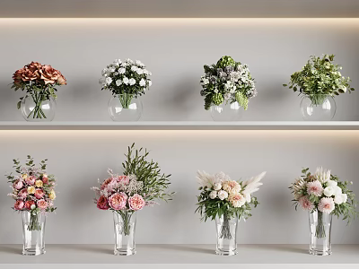 Modern Decorative Vase Flower Arrangements With Various Pastel Flowers On Shelves 3d model
