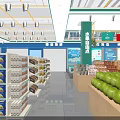 Modern Supermarket Interior with Fish Tanks Shelves Various Products Green Plant Decorations and Bright Lighting