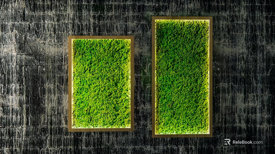 Illuminated Moss Plant Wall with Wooden Frames on Dark Textured Wall Background 3d model 