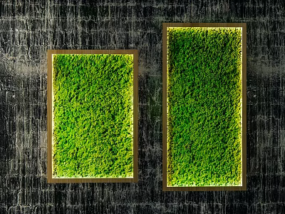 Illuminated Moss Plant Wall with Wooden Frames on Dark Textured Wall Background 3d model