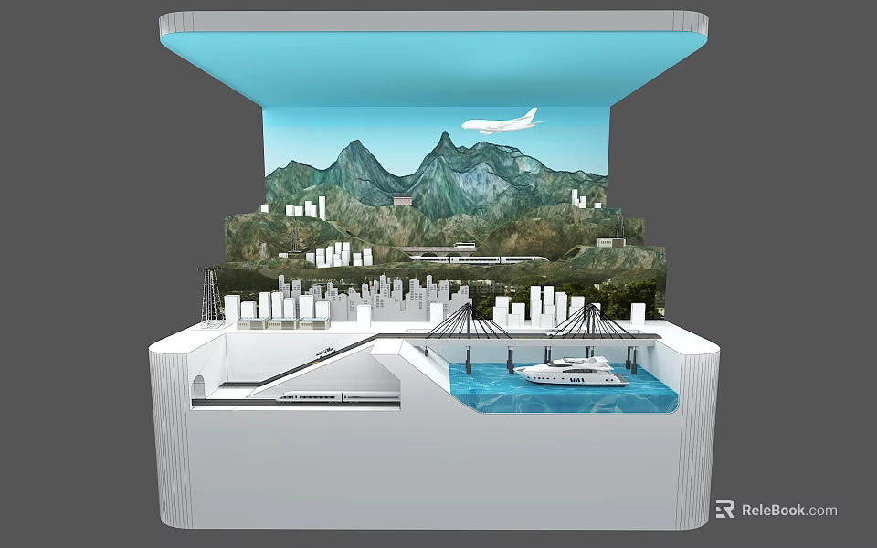 Commercial Equipment 3D Model Display with Mountain Cityscape Airplane Dock and Boat 3d model 