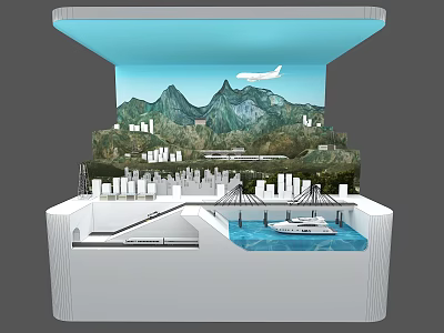 Commercial Equipment 3D Model Display with Mountain Cityscape Airplane Dock and Boat 3d model