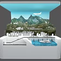 Commercial Equipment 3D Model Display with Mountain Cityscape Airplane Dock and Boat