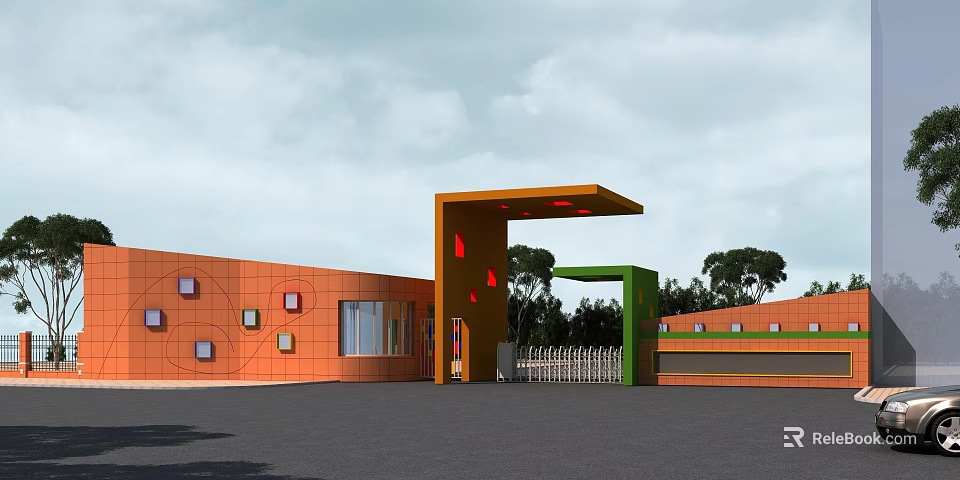 Modern Entrance Gate With Orange Green Structure And Brick Wall Building Near Trees 3d model 