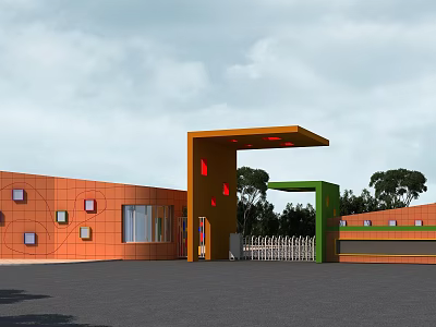Modern Entrance Gate With Orange Green Structure And Brick Wall Building Near Trees 3d model