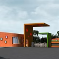 Modern Entrance Gate With Orange Green Structure And Brick Wall Building Near Trees