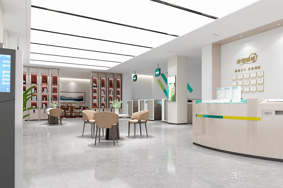 Modern Bank Interior With Reception Desk Tables Chairs Bookshelves And Plants 3d model 