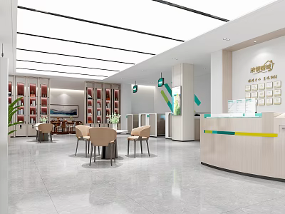 Modern Bank Interior With Reception Desk Tables Chairs Bookshelves And Plants 3d model