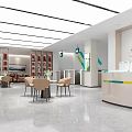 Modern Bank Interior With Reception Desk Tables Chairs Bookshelves And Plants