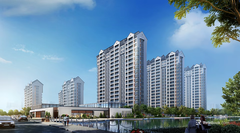 Modern High Rise Residential Buildings With Greenery Water Feature And Pedestrian Area 3d model 