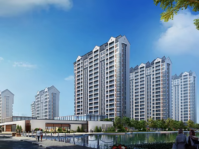 Modern High Rise Residential Buildings With Greenery Water Feature And Pedestrian Area 3d model