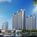 Modern High Rise Residential Buildings With Greenery Water Feature And Pedestrian Area