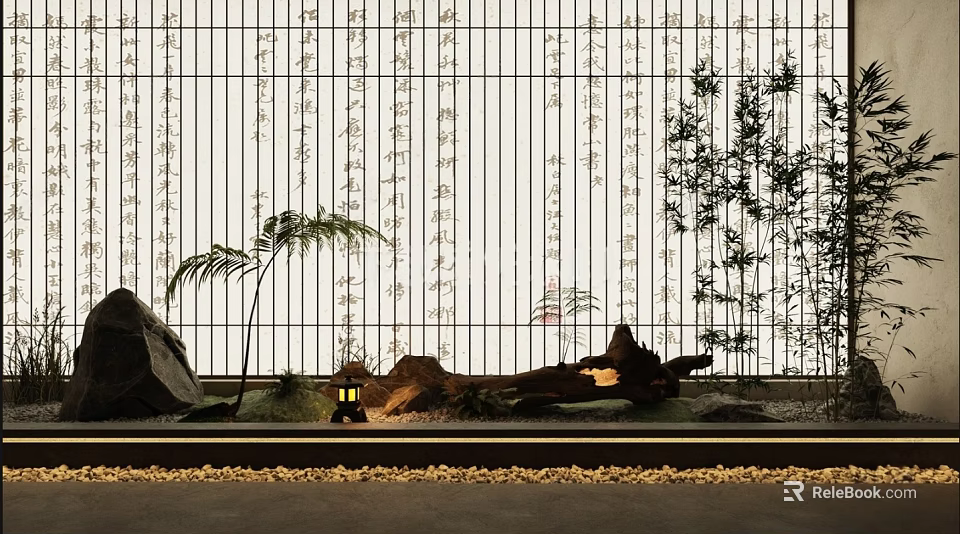 Natural Zen Plant Combination With Bamboo Palm Tree Driftwood Rocks Lantern And Lattice Screen 3d model 