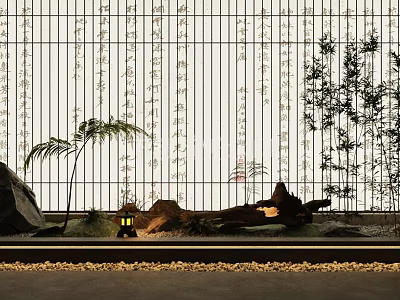 Natural Zen Plant Combination With Bamboo Palm Tree Driftwood Rocks Lantern And Lattice Screen 3d model