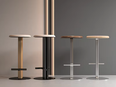 Modern Bar Stools With Wooden Tops And Various Metal Bases In Black Silver Natural Colors 3d model
