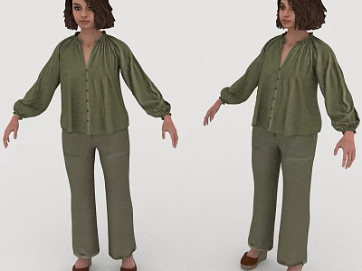 Woman Wearing Green Shirt and Pants in Two Different Standing Poses 3d model