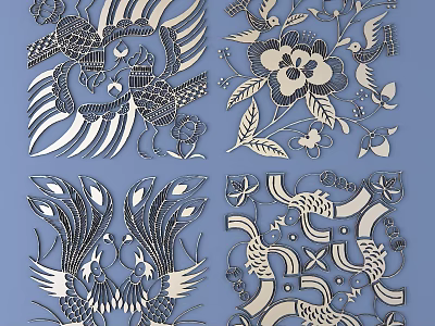 Intricate Carved Patterns Featuring Birds Flowers And Symmetrical Designs 3d model