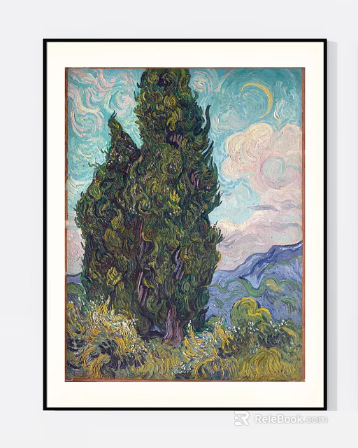 Vibrant Plant Painting With Tall Green Trees Cloudy Sky And Mountain Background 3d model 