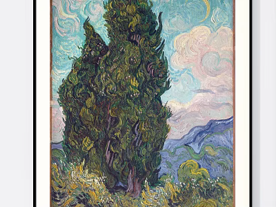 Vibrant Plant Painting With Tall Green Trees Cloudy Sky And Mountain Background 3d model