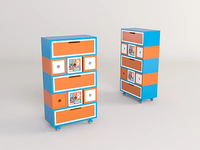 Modern Blue And Orange Decorative Cabinets With Picture Drawers And Wheels 3d model