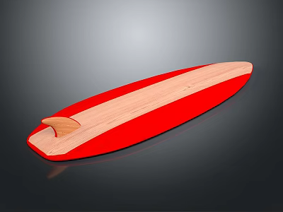 Stylish Red And Wooden Surfboard With Long Shape And Tail Fin For Daily Use 3d model