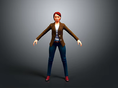 Woman in Brown Blazer White Top Blue Jeans and Red Shoes on Gray Background 3d model