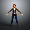 Woman in Brown Blazer White Top Blue Jeans and Red Shoes on Gray Background