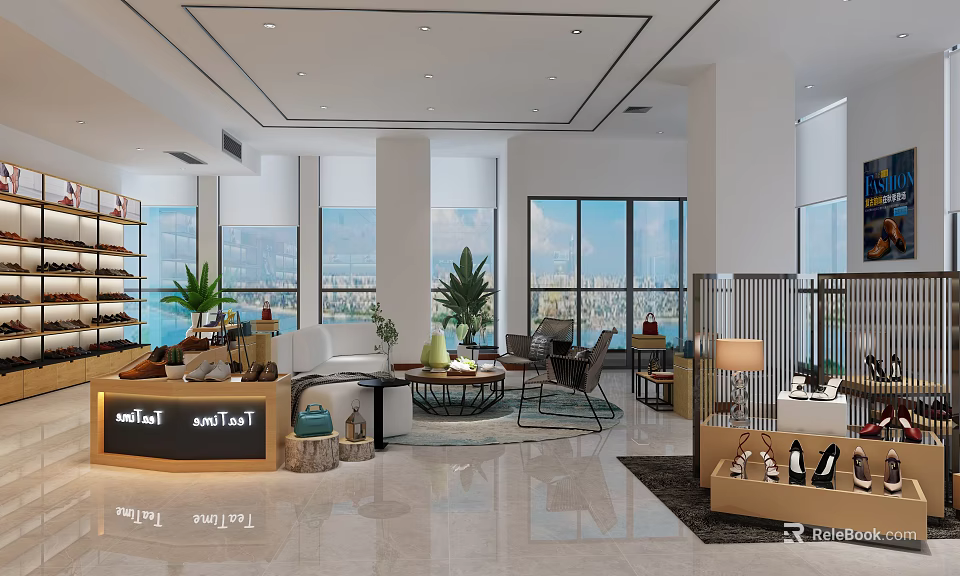 Modern Lobby Interior With Large Windows City View Sofa And Green Plants 3d model 