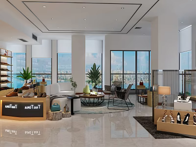 Modern Lobby Interior With Large Windows City View Sofa And Green Plants 3d model