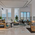 Modern Lobby Interior With Large Windows City View Sofa And Green Plants