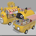 Commercial Yellow Food Trucks With Cartoon Design And Striped Awnings For Mobile Catering