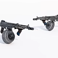 Two Vintage Black Machine Guns with Wooden Stocks Metal Structures and Wheels