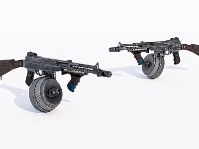 Two Vintage Black Machine Guns with Wooden Stocks Metal Structures and Wheels 3d model