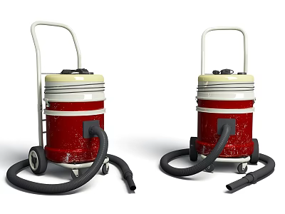 Two Red Industrial Vacuum Cleaners With Wheels And Flexible Hoses On White Background 3d model