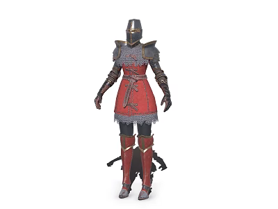 Game and Movie Character in Red Ornate Armor with Helmet Arm and Leg Guards 3d model