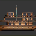 Classic Wooden Ship With Multiple Decks Green Chimneys Detailed Windows And Railings